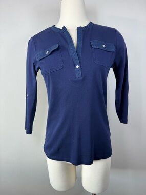 Ralph Lauren Navy Long-Sleeve Split-Neck Polo with Chest Pockets